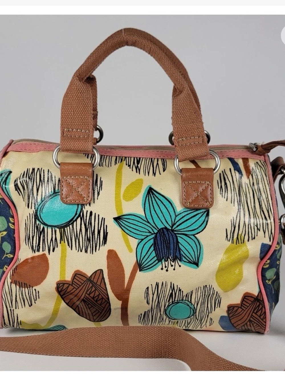 Fossil Floral Canvas Satchel in Cream, Teal, Brown and Pink